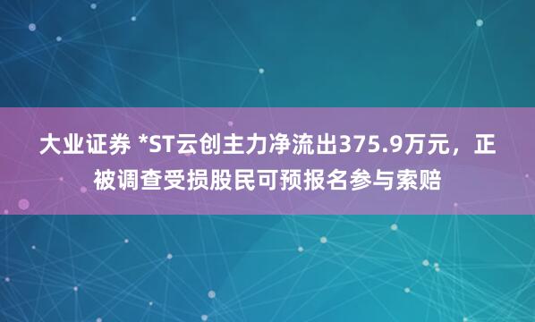 大业证券 *ST云创主力净流出375.9万元，正被调查受损股民可预报名参与索赔